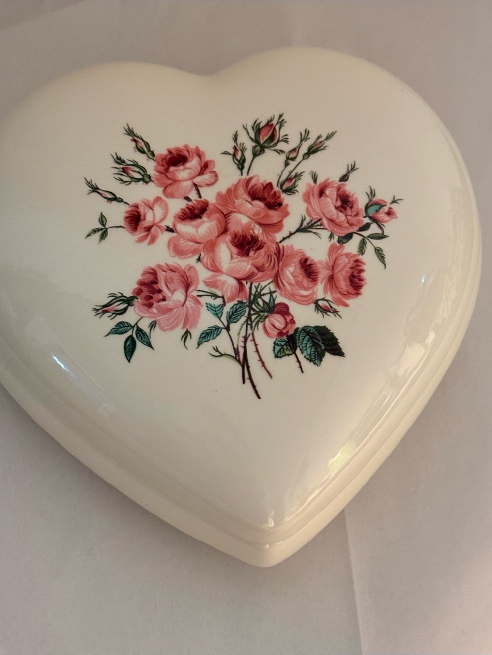 Heart-Shaped Jewelry Trinket Box with hand painted Pink Floral Design. Signed
